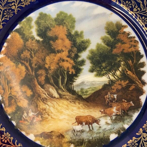 Royal Sutherland Bone China Plate Pastoral Couple Scene Gold Floral Blue Rim - Picture 4 of 6